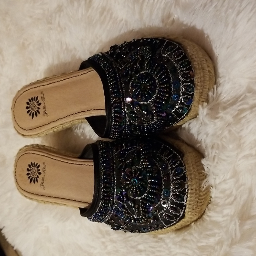 NWOT. Yellow Box Navy Blue Espadrille Beaded Wedge Sandals.
